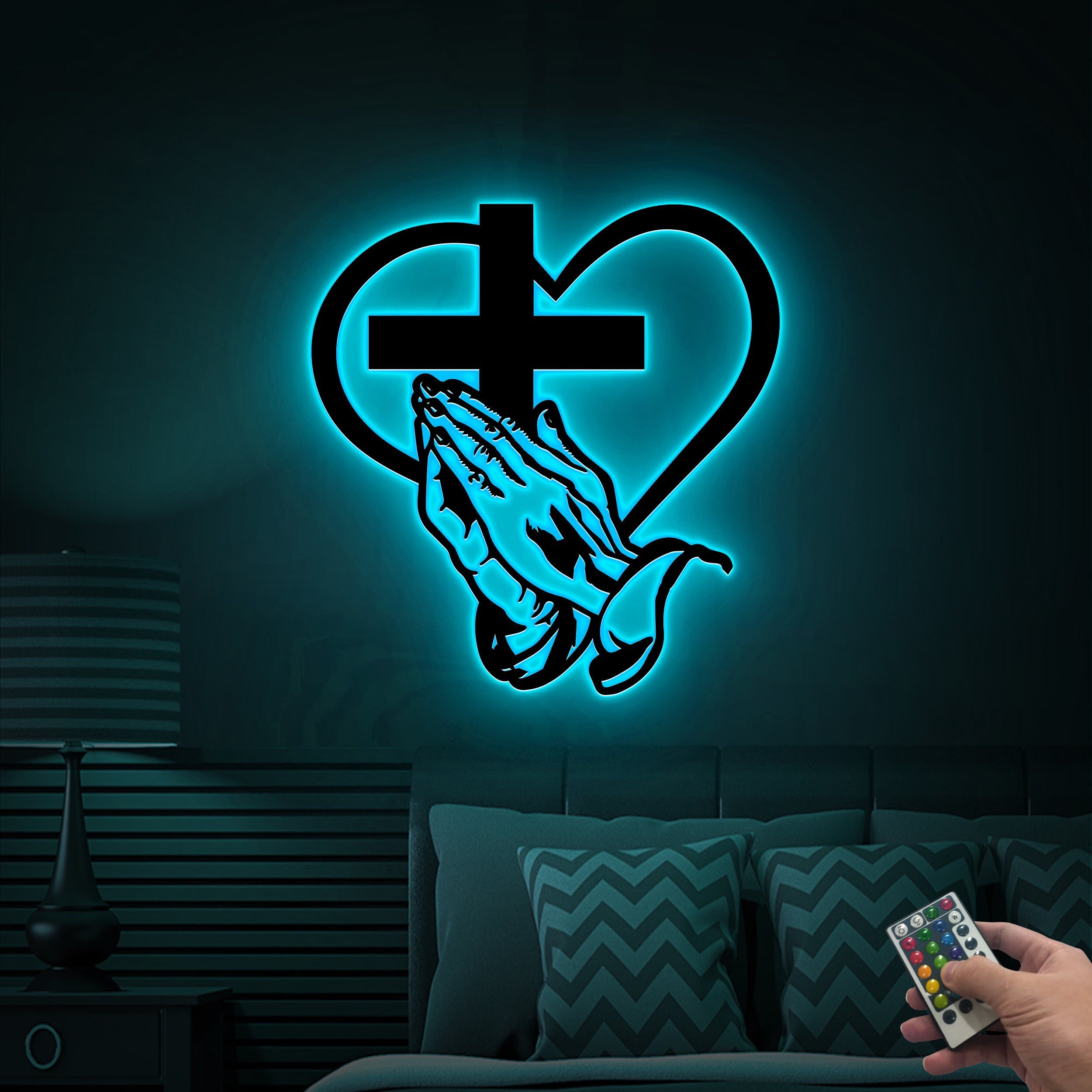 Christian Cross Metal Sign with Led Lights