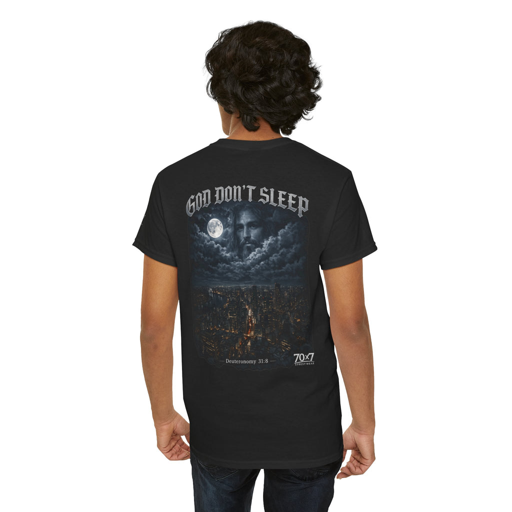 70x7 Streetwear - God Don't Sleep Graphic Tee — Night Cityscape Streetwear