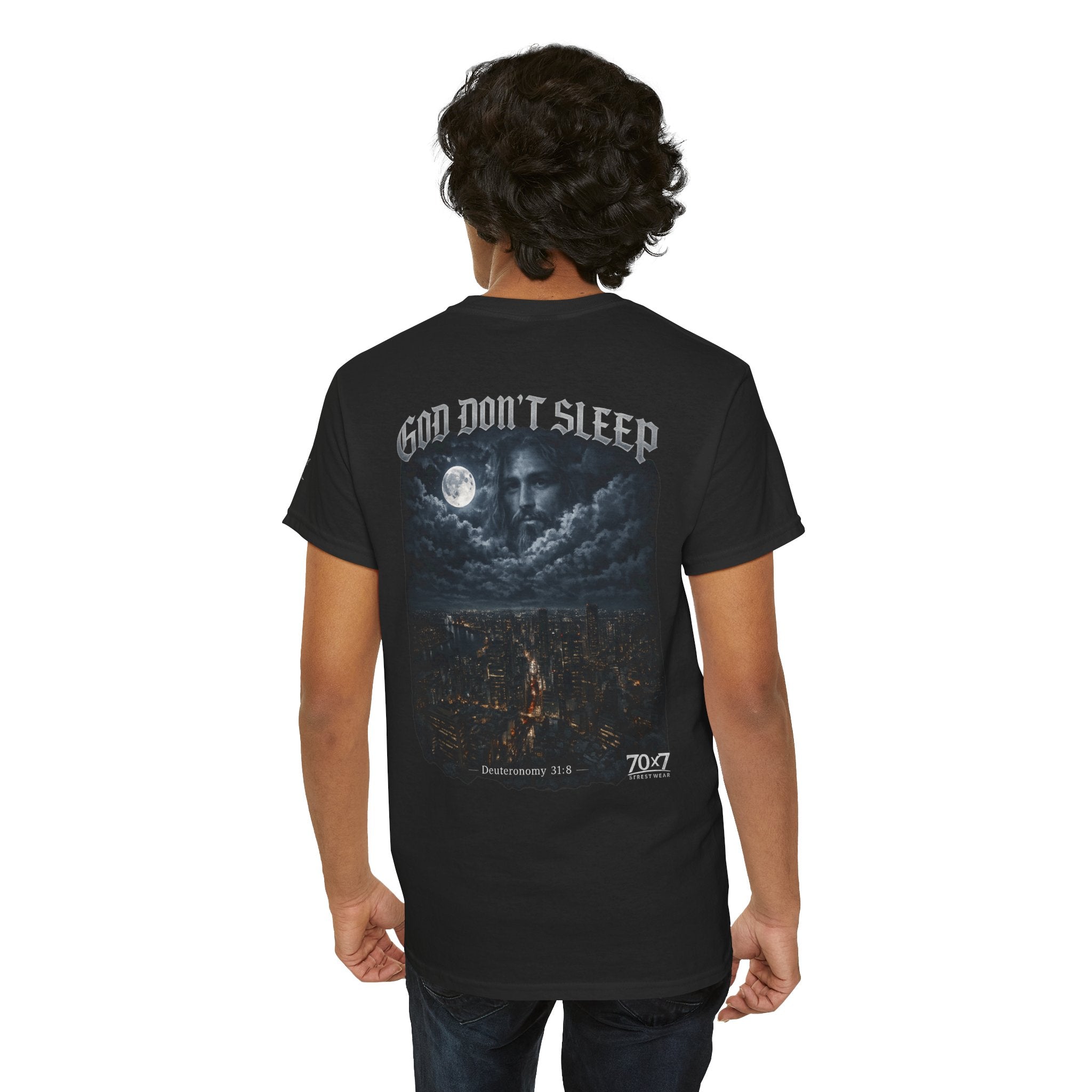 70x7 Streetwear - God Don't Sleep Graphic Tee — Night Cityscape Streetwear