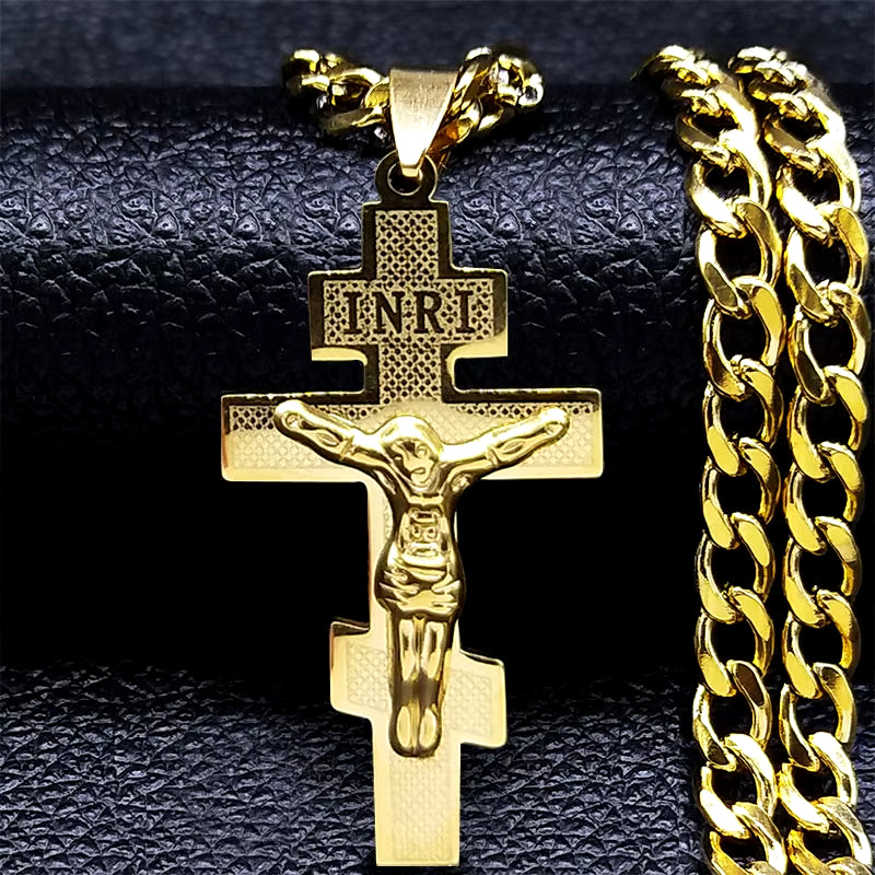 2024 Hip Hop Cross Jesus Stainless Steel Necklace Gold Color Long Crucifix Necklace Women/Men Jewelry Colar De Cruz N6030S05