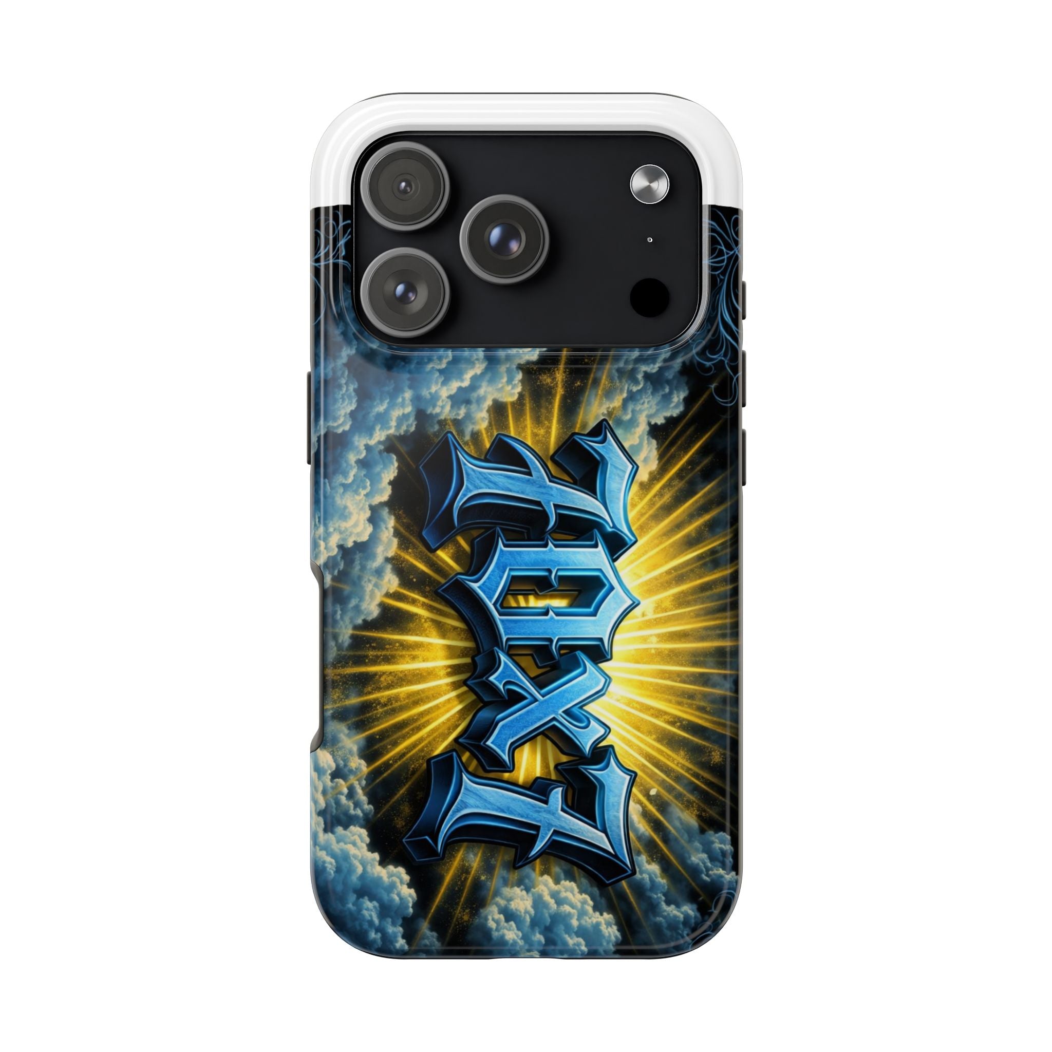 70x7 Streetwear - Tough Phone Case — Bold Blue Graffiti Name with Sunburst Clouds