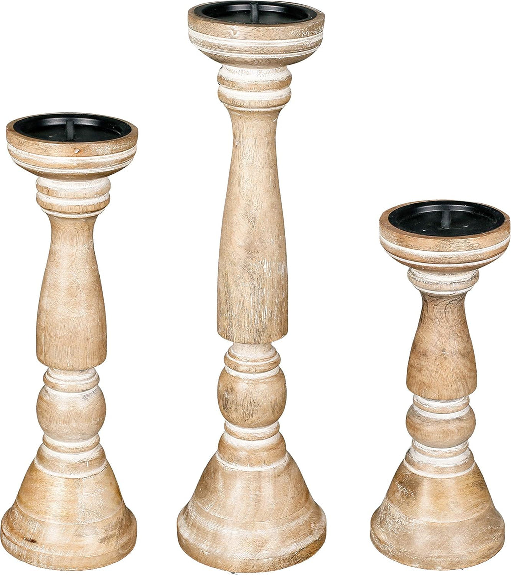 Pillar Candle Holders Set of 3 (16",14" & 12" Height)_White Wash,Candle Holder in Mango Real Wood,Decorative Candle Holders for Table Centerpiece, Wedding, Party, Home Décor, Spa, Farmhouse, Gifting