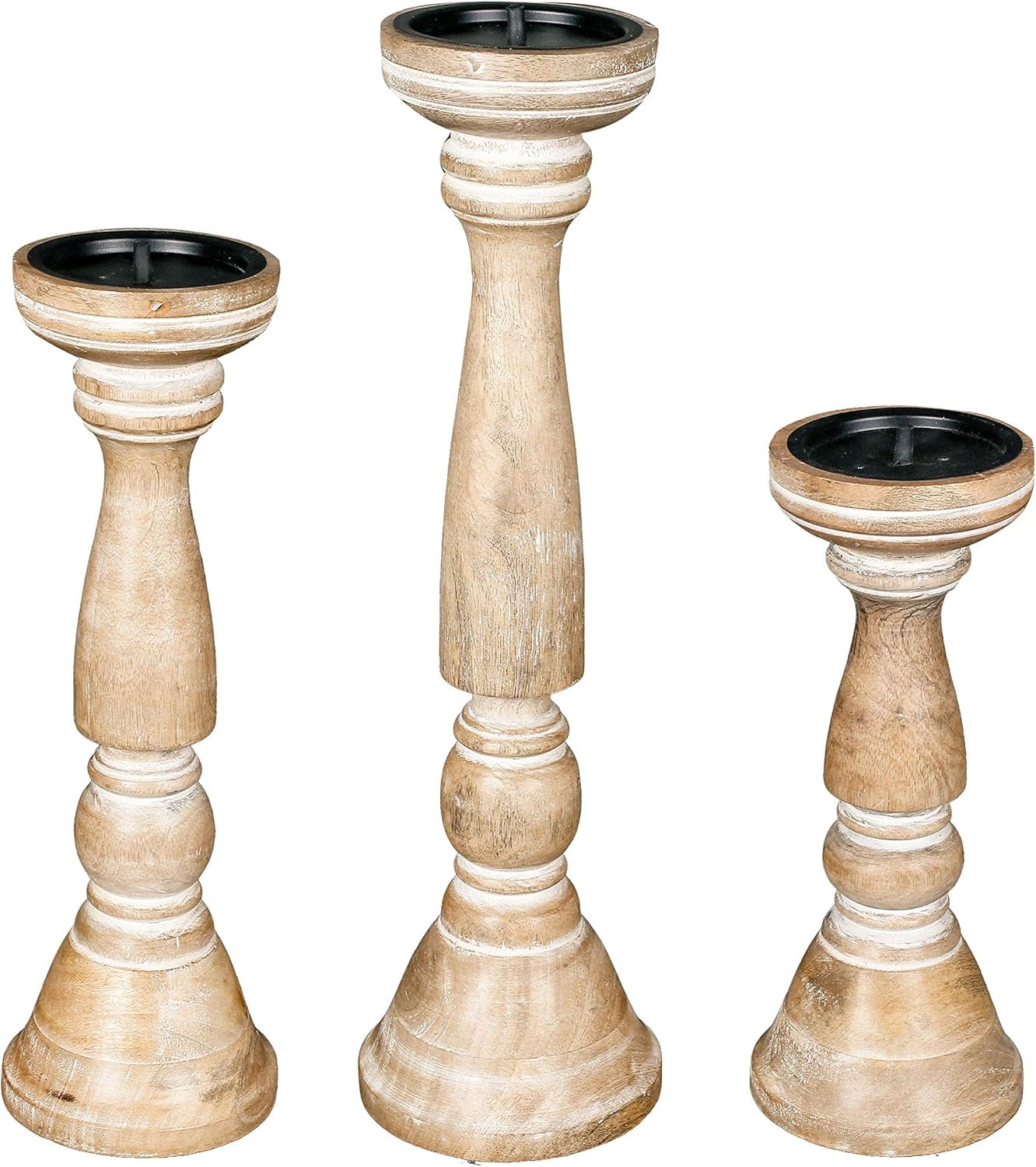 Pillar Candle Holders Set of 3 (16",14" & 12" Height)_White Wash,Candle Holder in Mango Real Wood,Decorative Candle Holders for Table Centerpiece, Wedding, Party, Home Décor, Spa, Farmhouse, Gifting
