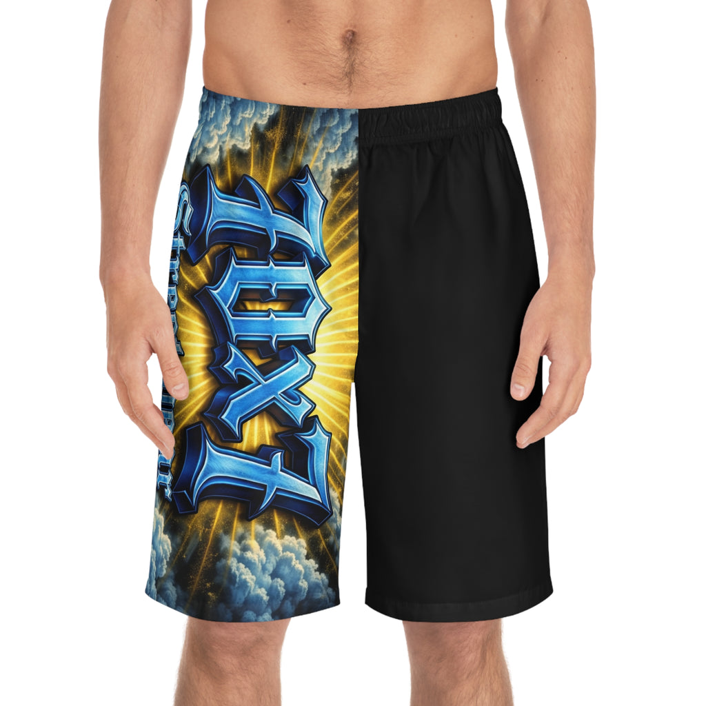 70x7 Streetwear Men's Board Shorts — Bold Blue Graffiti Graphic