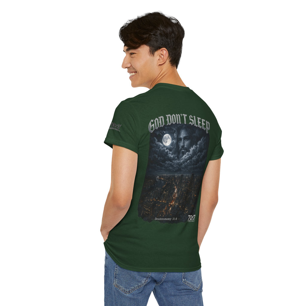 70x7 Streetwear - God Don't Sleep Graphic Tee — Night Cityscape Streetwear