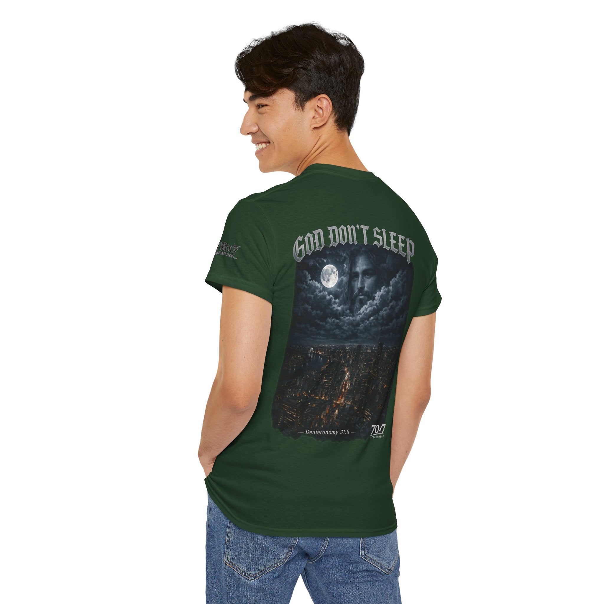 70x7 Streetwear - God Don't Sleep Graphic Tee — Night Cityscape Streetwear