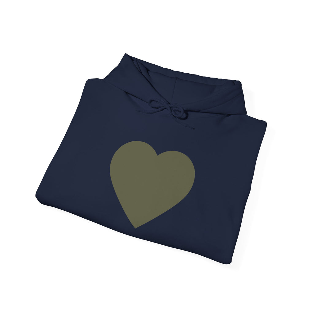 Heart Accent Hoodie — Minimal Olive Heart Sweatshirt for Everyday Wear