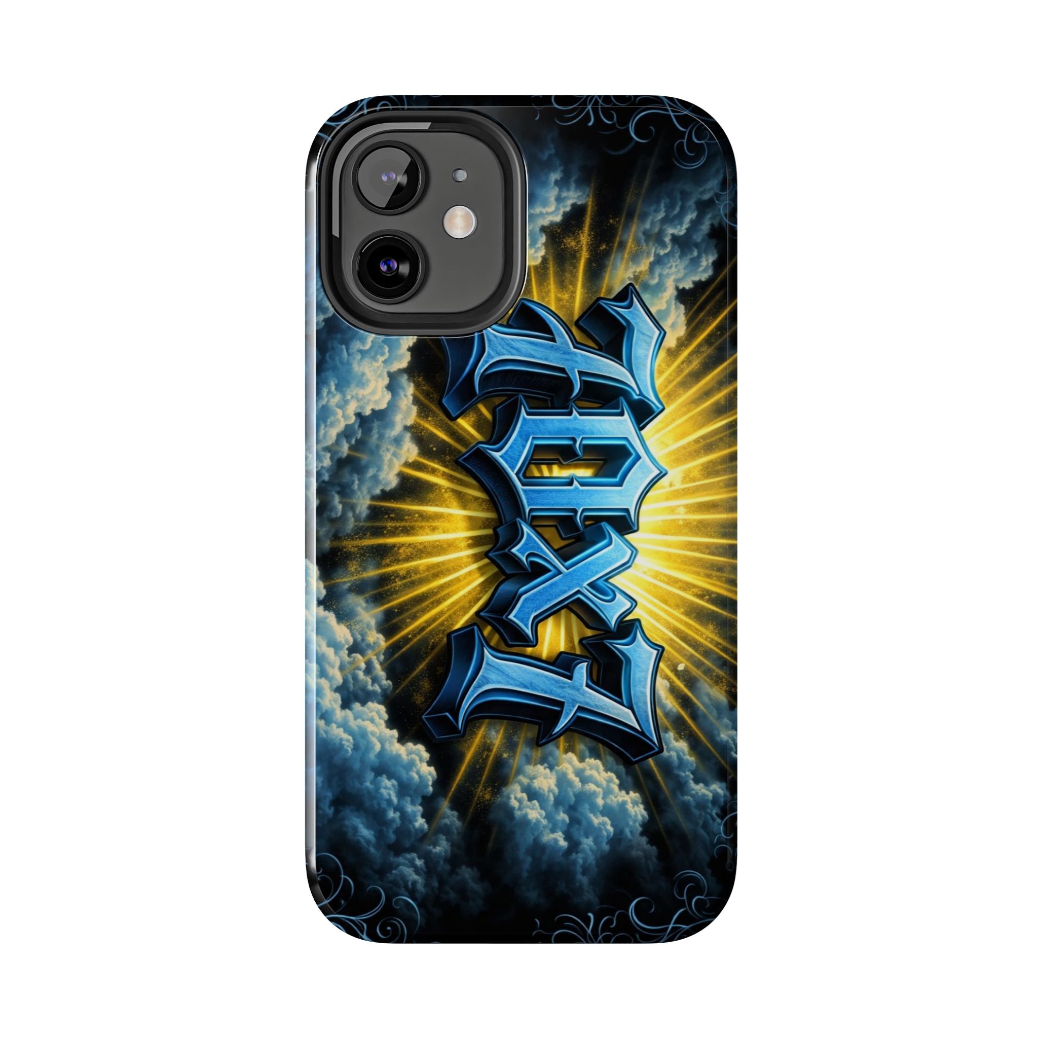 70x7 Streetwear - Tough Phone Case — Bold Blue Graffiti Name with Sunburst Clouds