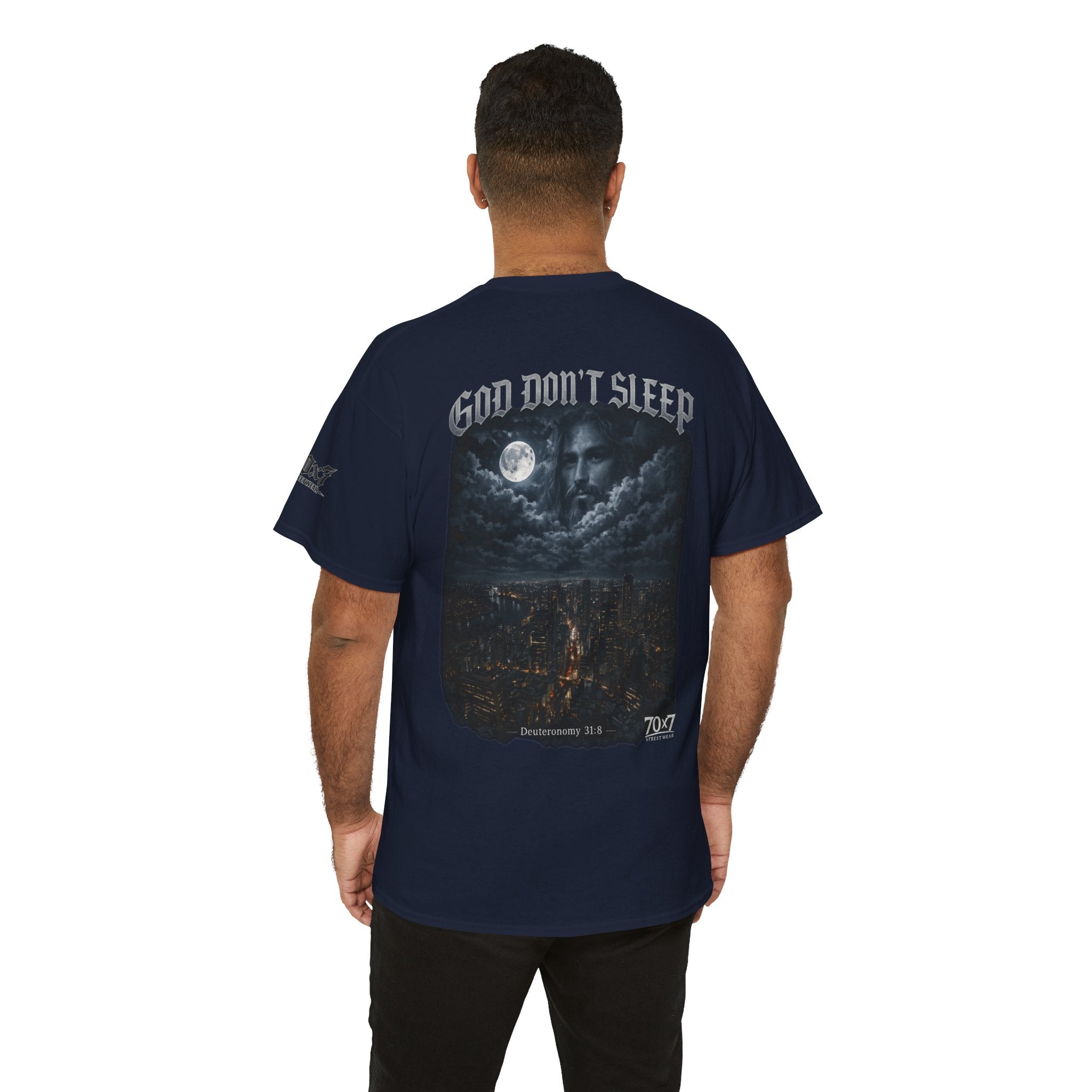 70x7 Streetwear - God Don't Sleep Graphic Tee — Night Cityscape Streetwear