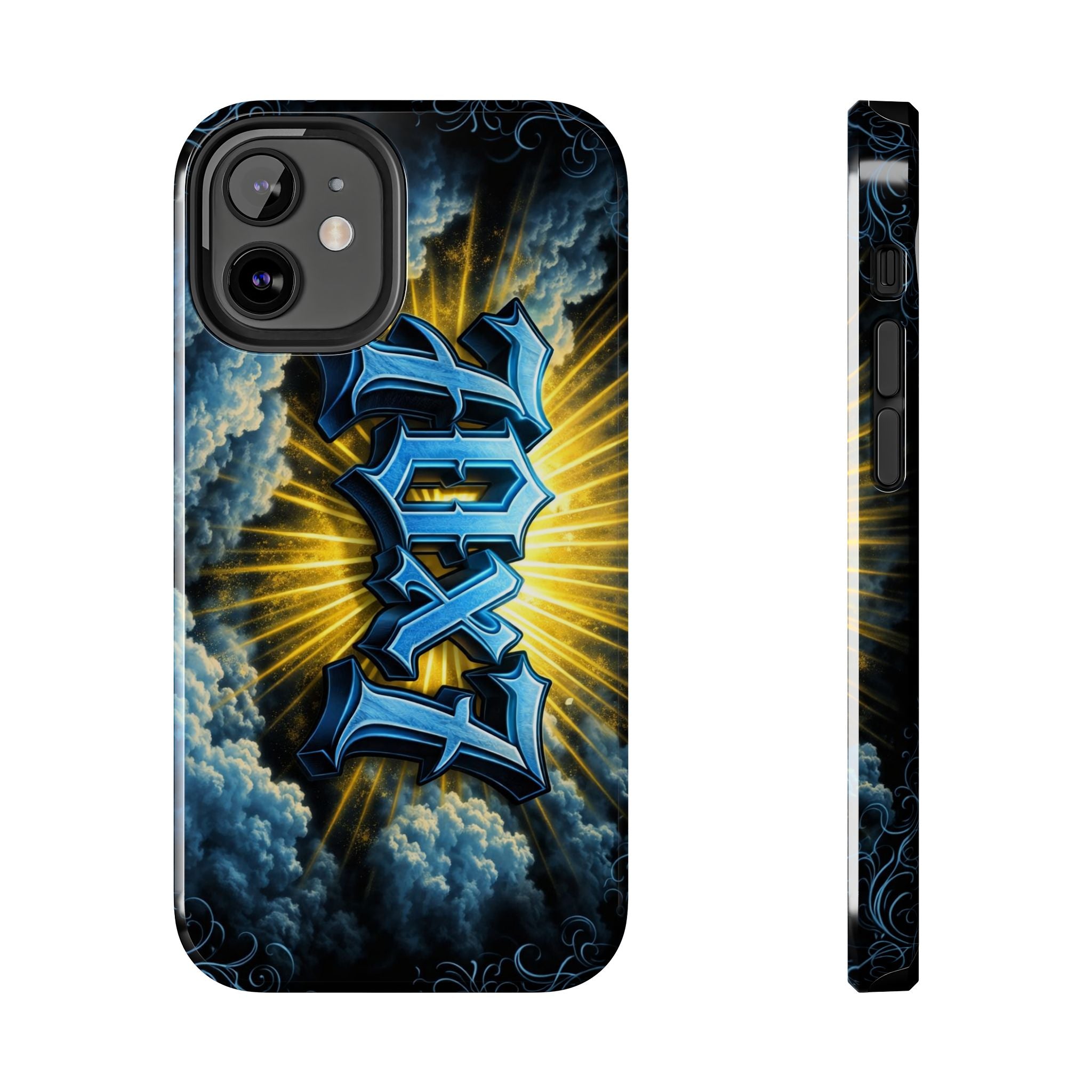 70x7 Streetwear - Tough Phone Case — Bold Blue Graffiti Name with Sunburst Clouds