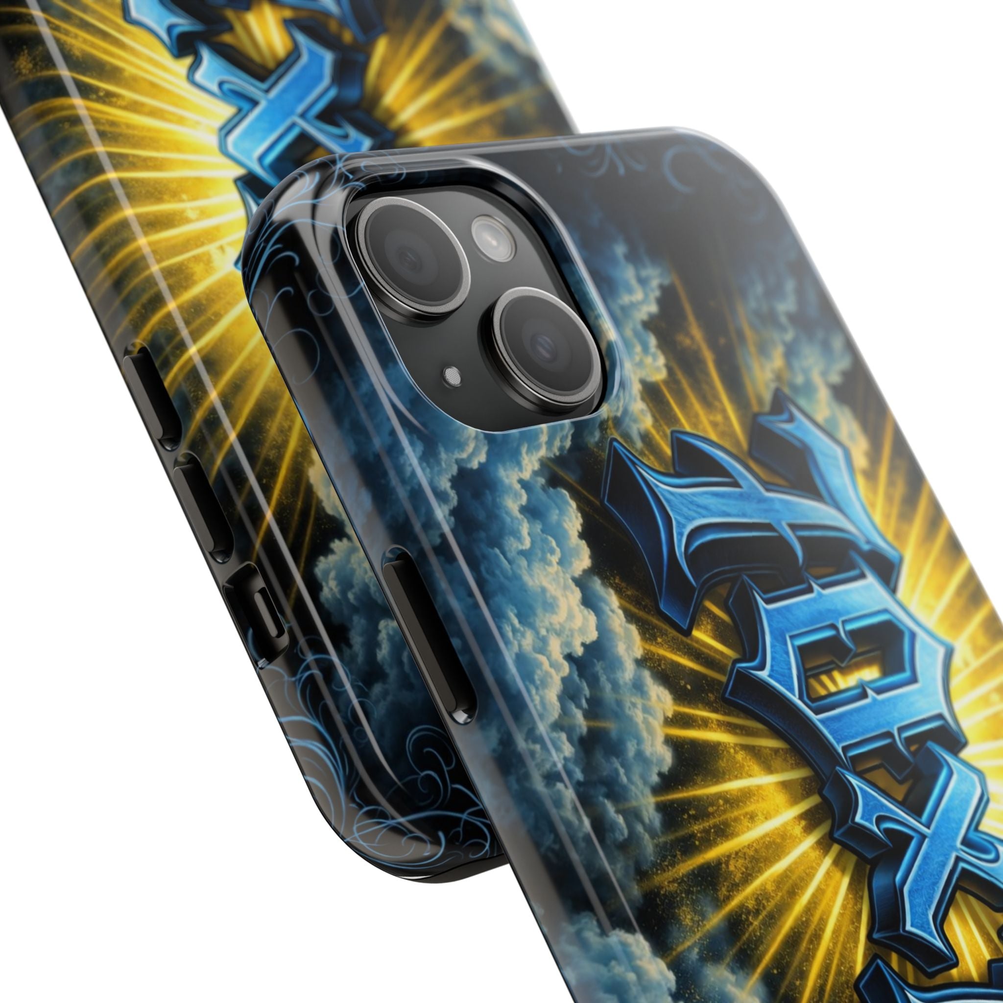 70x7 Streetwear - Tough Phone Case — Bold Blue Graffiti Name with Sunburst Clouds