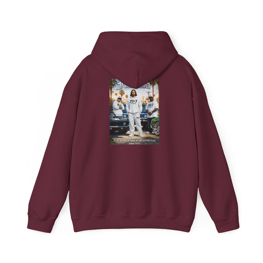 70x7 Streetwear Familia Hoodie — Graphic White Pullover with Back Album-Style Print