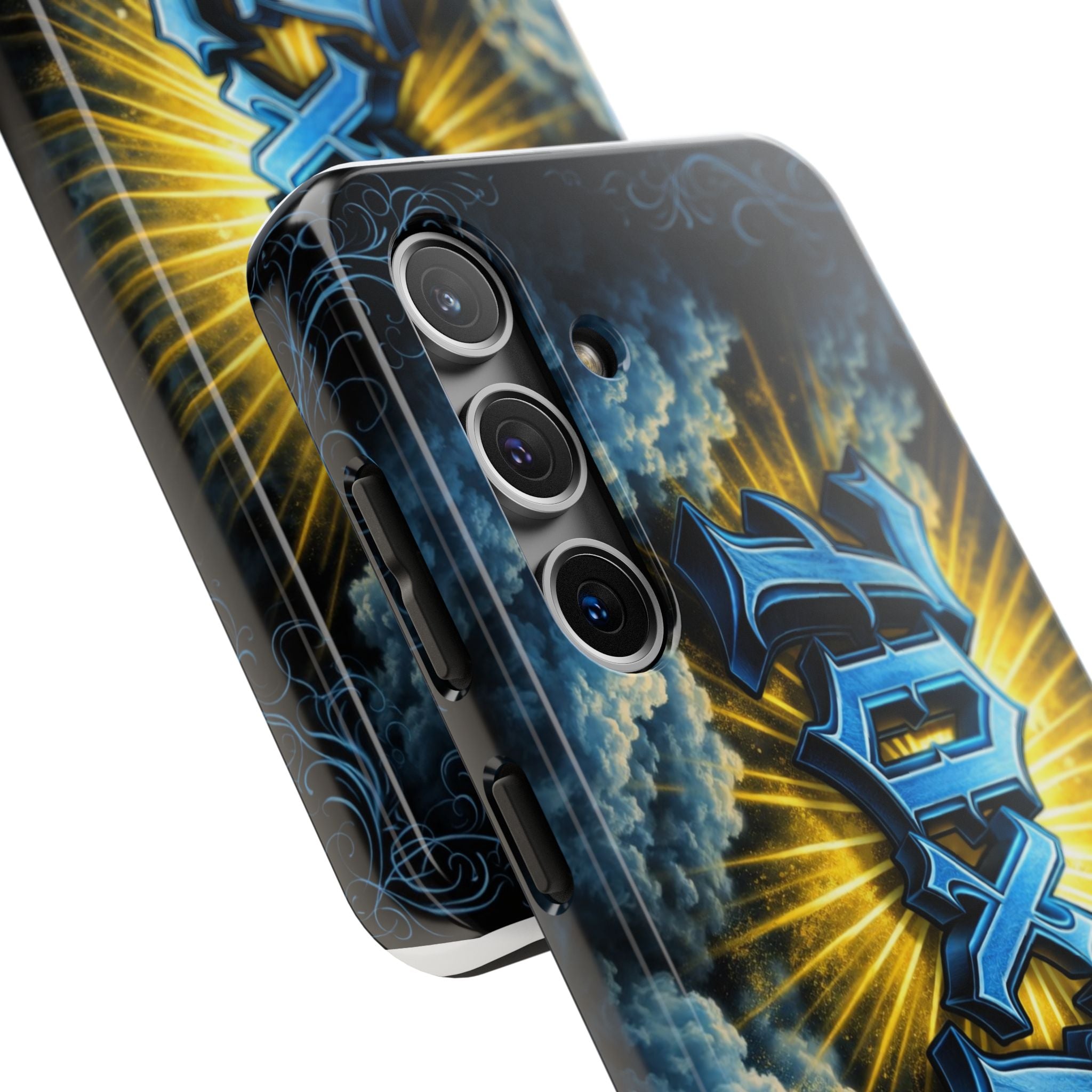 70x7 Streetwear - Tough Phone Case — Bold Blue Graffiti Name with Sunburst Clouds