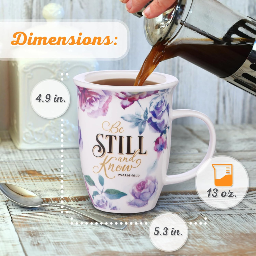 Rose Floral Ceramic Coffee Mug with Purple Lid – 13 Oz. Lead and Cadmium-Free Inspirational Scripture Coffee and Tea Mug for Women with Bible Verse: Be Still and Know – Psalm 46:10
