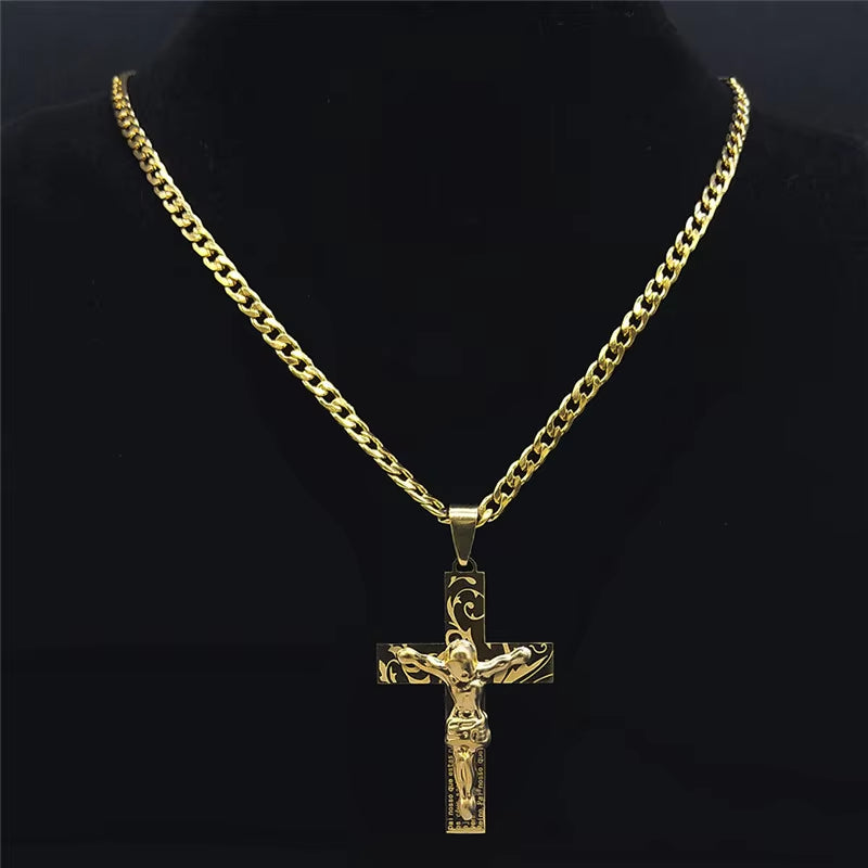 2024 Hip Hop Cross Jesus Stainless Steel Necklace Gold Color Long Crucifix Necklace Women/Men Jewelry Colar De Cruz N6030S05