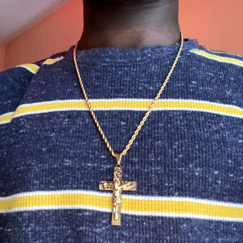 2024 Hip Hop Cross Jesus Stainless Steel Necklace Gold Color Long Crucifix Necklace Women/Men Jewelry Colar De Cruz N6030S05