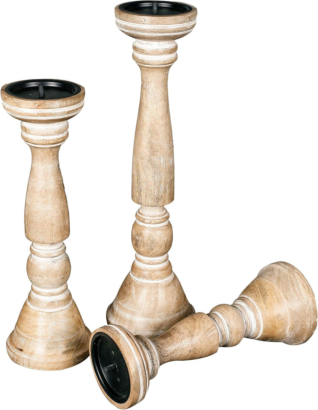Pillar Candle Holders Set of 3 (16",14" & 12" Height)_White Wash,Candle Holder in Mango Real Wood,Decorative Candle Holders for Table Centerpiece, Wedding, Party, Home Décor, Spa, Farmhouse, Gifting