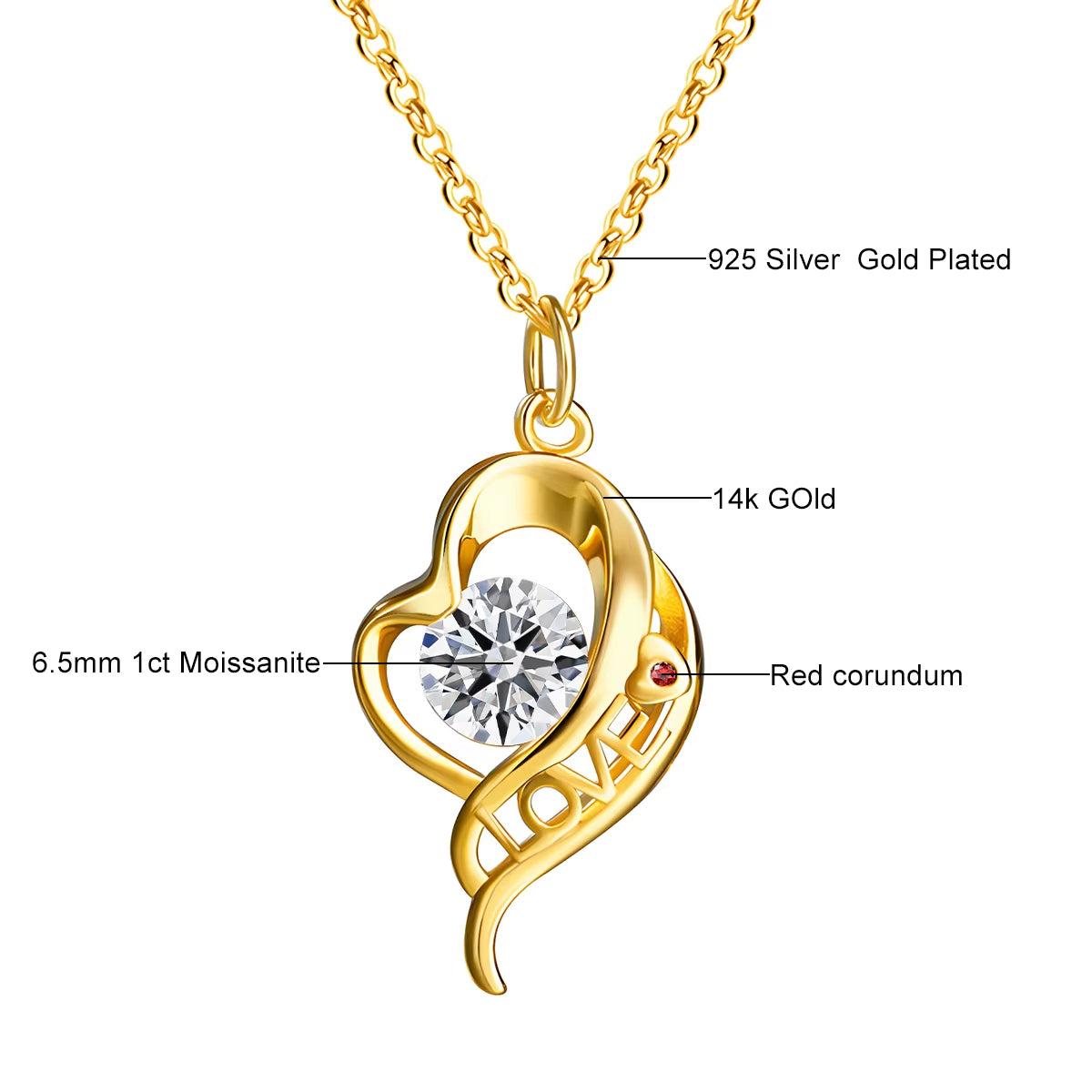 Luxury Mum Gift Real 14K Gold Heart Necklace Moissanite Diamond 1Ct AU585 K Gold Pendant with Certificate Fine Jewelry Wholesale
