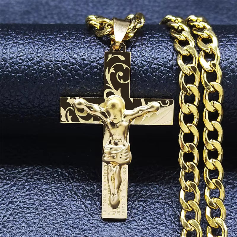 2024 Hip Hop Cross Jesus Stainless Steel Necklace Gold Color Long Crucifix Necklace Women/Men Jewelry Colar De Cruz N6030S05